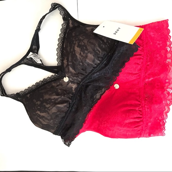 NWT DKNY 2 pack bralettes racerback red black lace - Picture 2 of 6